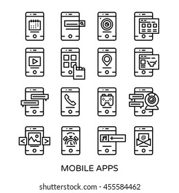 Isolated mobile application in linear style icon set sixteen smartphones on white background vector illustration