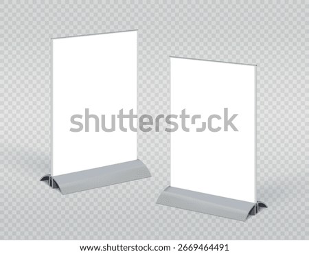 Isolated mockup of a tabletop stand for menus, promotions and discounts in a cafe, in a hotel lobby, at the reception. Information desk stand. Table tent mockup