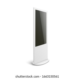 Isolated mockup of white interactive digital kiosk for advertising with blank black screen seen from side view - computer terminal display on white background, vector illustration