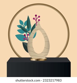 Isolated modern artisan vase surrounded by leaves Vector