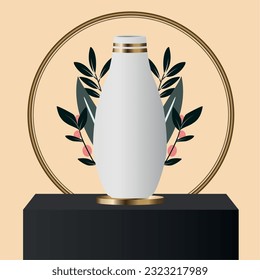 Isolated modern artisan vase surrounded by leaves Vector