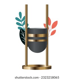 Isolated modern artisan vase surrounded by leaves Vector