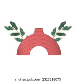 Isolated modern artisan vase surrounded by leaves Vector