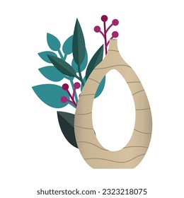 Isolated modern artisan vase surrounded by leaves Vector