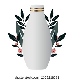 Isolated modern artisan vase surrounded by leaves Vector