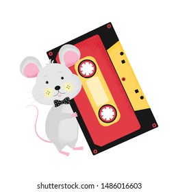 Isolated modern cute cartoon mouse relaxing with big tape. Time to enjoy your life and music. Funny mice character. Stop time vector illustration concept. Symbol of 2020 year