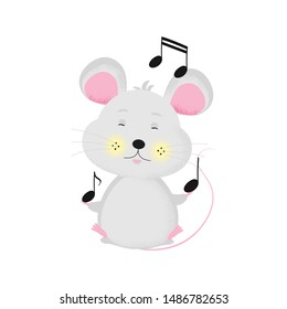 Isolated modern cute cartoon mouse relaxing with notes. Time to enjoy your life and music. Funny mice character. Stop time vector illustration concept. Symbol of 2020 year