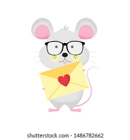 Isolated modern cute cartoon mouse in glasses staying witn post with heart. Funny mice character. Stop time to open mail, email vector illustration concept. Symbol of 2020 year