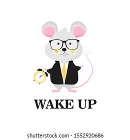 Isolated modern cute cartoon mouse with big clock. Time to manage your life. Wake up. Funny mice character. Time doing work with deadline. illustration concept 