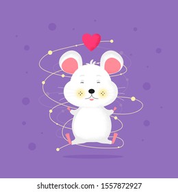 Isolated modern cute cartoon mouse relaxing with heart. Keep balance to enjoy your life. Funny mice character. Stop time vector illustration concept. Symbol of 2020 year