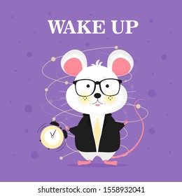 Isolated modern cute cartoon mouse with big clock. Time to manage your life. Wake up. Funny mice character. Time doing work with deadline. illustration concept 