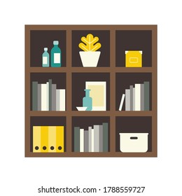 Isolated modern flat vector illustration of a scandinavian bookcase. Stay at home concept. 