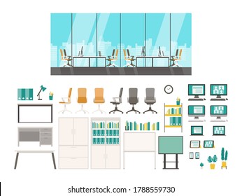 Isolación de modernos vectores planos de equipos de oficina, interiores. Gabinete, escritorio, estante, monitor, documentos y macetas. Concepto para escenas de negocios. 