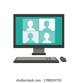 Isolated modern flat vector illustration of a computer. Teleconference via monitor. Concept for business scenes. 