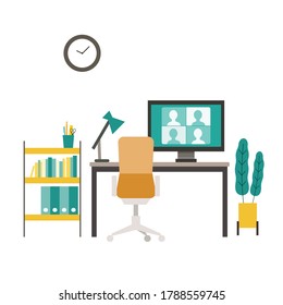 Isolated modern flat vector illustration of meeting via a video conference call. Vector illustration of the study room, home office. Remote working with a business video meeting. 