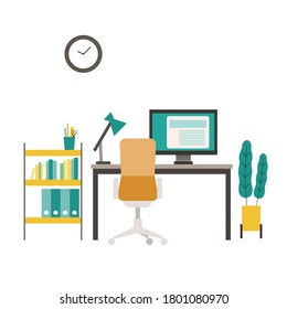 Isolated modern flat vector illustration of workspace.  Vector illustration of the study room, office. Checking internet by computer. Concept for business scenes. 