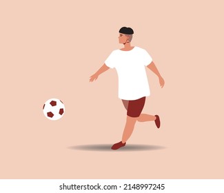 Isolated modern footballer. Flat vector stock illustration. Non-binary persona plays with ball. Concept of amateur football. Graphics for design