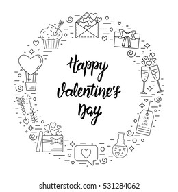 Isolated modern frame with linear icons for Valentine's Day and the wedding day with traditional attributes and hand lettering inscription. Flat design. Vector illustration