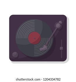 Isolated modern gramophone with a vinyl disc and a shadow seen from above. White background. Flat cartoon style vector illustration.