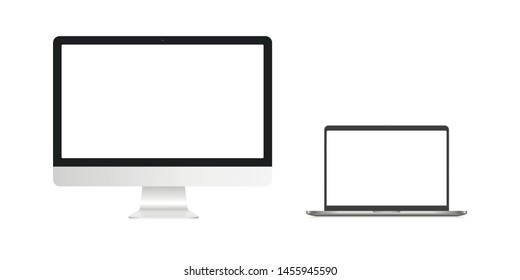 Isolated modern laptop and all-in-one desktop personal computer set front face aluminium unibody vector mockup.