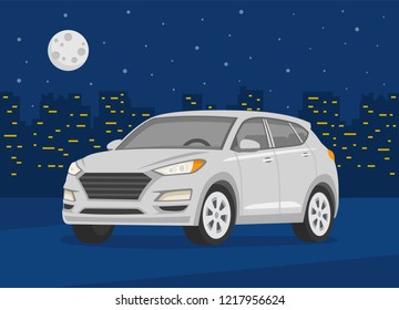 Isolated Modern New Suv Car On The Background Of The Night City. White Car. Night City With Lights. Flat Vector Illustration.