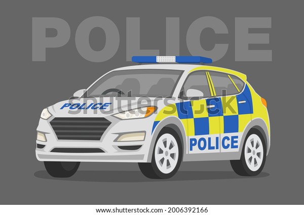 Isolated modern police car.\
Police suv car perspective front view. Flat vector illustration\
template.