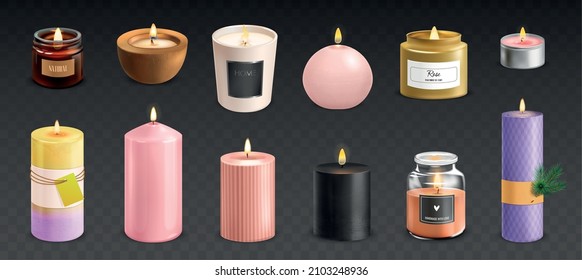 Isolated modern scented wax candles realistic set on transparent background vector illustration