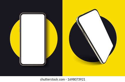 Isolated Modern Smartphone Mockup on yellow background. Realistic mockup. Cellphone frame with blank display templates, phone different angles views. Template for infographics or presentation UI / UX