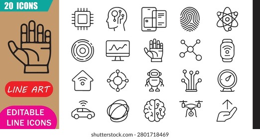 Isolated modern technology icons set, 20 editable line art icons set, modern technology, digital innovation future, smart interface advanced, tech concept theme style, clean outline vector