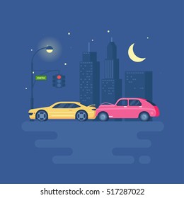 Isolated modern vector illustration of car accident on the background of the city. Trend pseudo volume style. Car crash. Night city with lights. Starry sky and skyscrapers. Traffic light. 