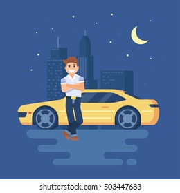 Isolated modern vector illustration of macho man standing with arms crossed . Trend pseudo volume style. Yellow sports car on the background of the city. Night city with lights. 