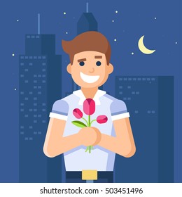 Isolated modern vector illustration of macho man holding flowers. Night city with lights. Trend pseudo volume style. The background of the city. Tulips