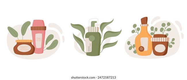 Isolated moisturizing bodycare product jar, colorful minimal hygiene lotion bottle, flat natural cosmetic shampoo tube, cartoon organic beauty pack collection, vector illustration.