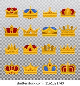 Isolated monarch blinking crown or king, prince or pope tiara, queen or princess glowing headdress. Set of isolated golden royalty sign or imperial emblem with diadem. Jewelry and game award icon