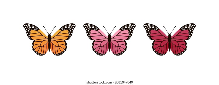 Iconos aislados de mariposa monarca en tres colores sobre fondo blanco. Colorido juego de mariposa para diseño web e impresión, para postales, afiches. Ilustración vectorial de material en estilo plano.