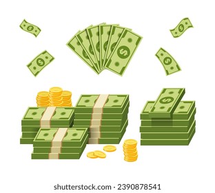 Isolated money and coins vector image. Bundle of cash bills and coins. Pile of cash