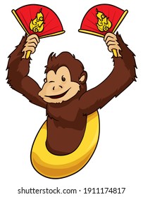 Isolated monkey winking at you, holding two hand fans, decorated with fire symbols.