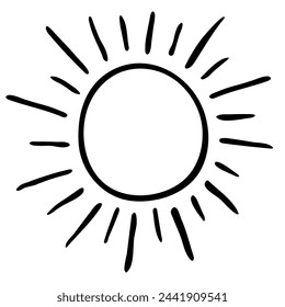 Isolated monochrome doodle sun drawing on transparent background. Vector illustration. Doodle sun hand-drawn vector icon.