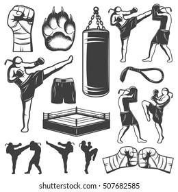 Isolated Monochrome Elements Set With Various Kickboxing Wrestling Figures And Symbols Of Punchbag And Squared Ring Vector Illustration