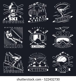 Isolated monochrome emblems set with mountain ski vintage symbols decorative elements white on dark background flat vector illustration