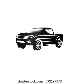 Isolated monochrome engraving style pickup trucks logo, cars logotype, black color automotive vehicle vector illustration.