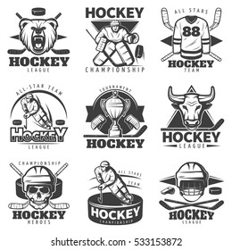 Emblemas aislados de hockey monocromo con mascotas de equipo equipo equipo deportivo y símbolos decorativos de los jugadores con ilustración de vector de texto