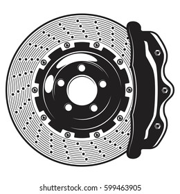 Isolated monochrome illustration of car brakes disk on white background