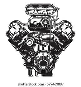 Isolated monochrome illustration of car engine on white background