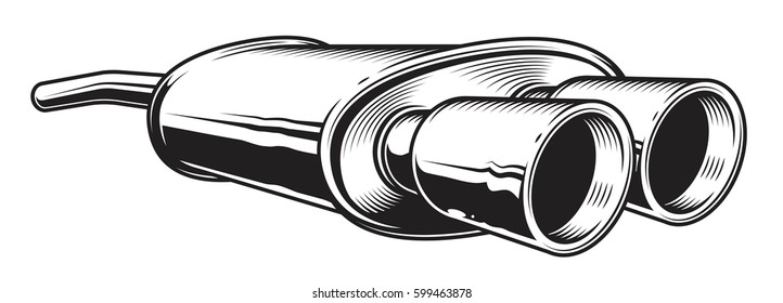 Isolated monochrome illustration of car exhaust pipe on white background