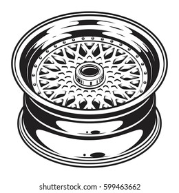 Isolated monochrome illustration of car wheel rim on white background