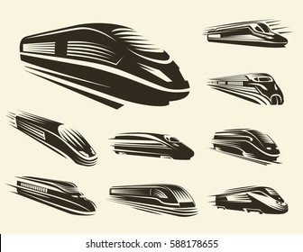 Isolated monochrome modern engraved train logos set on white background vector illustration