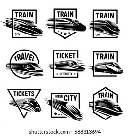 Isolated monochrome modern engraved train in frame logos set on white background vector illustration