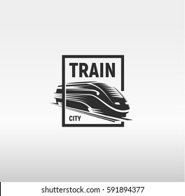 Isolated monochrome modern gravure style train in frame logo on white background vector illustration.