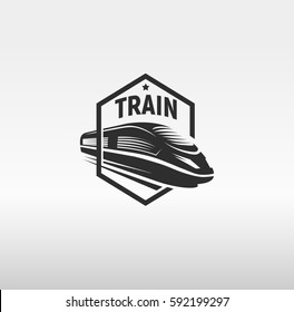 Isolated monochrome modern gravure style train in frame logo on white background vector illustration.